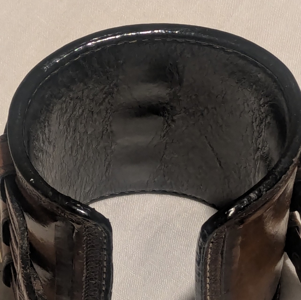 Hand tooled Wide Leather Cuff Bracelet with Triple Straps - Picture 6 of 12